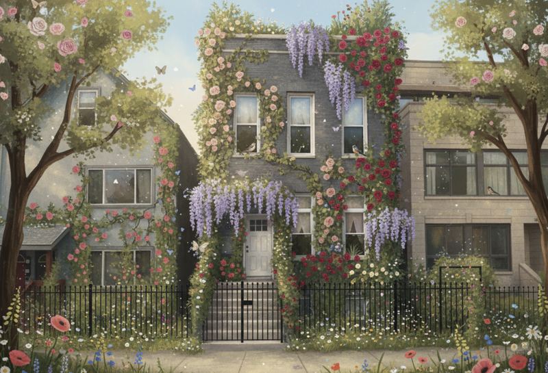 Illustration of a brick house covered in roses and wisteria