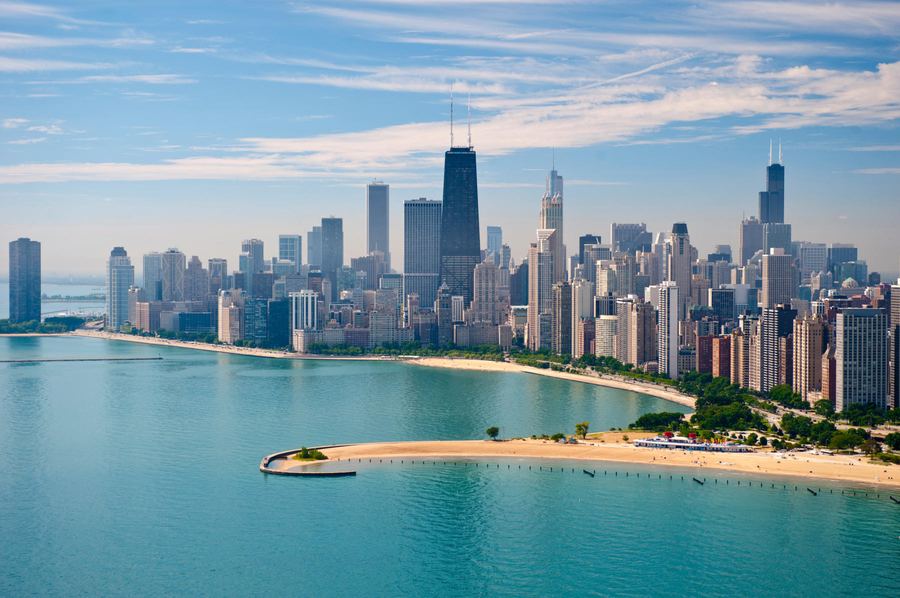 The Chicago skyline and lakefront beach on Lake Michigan